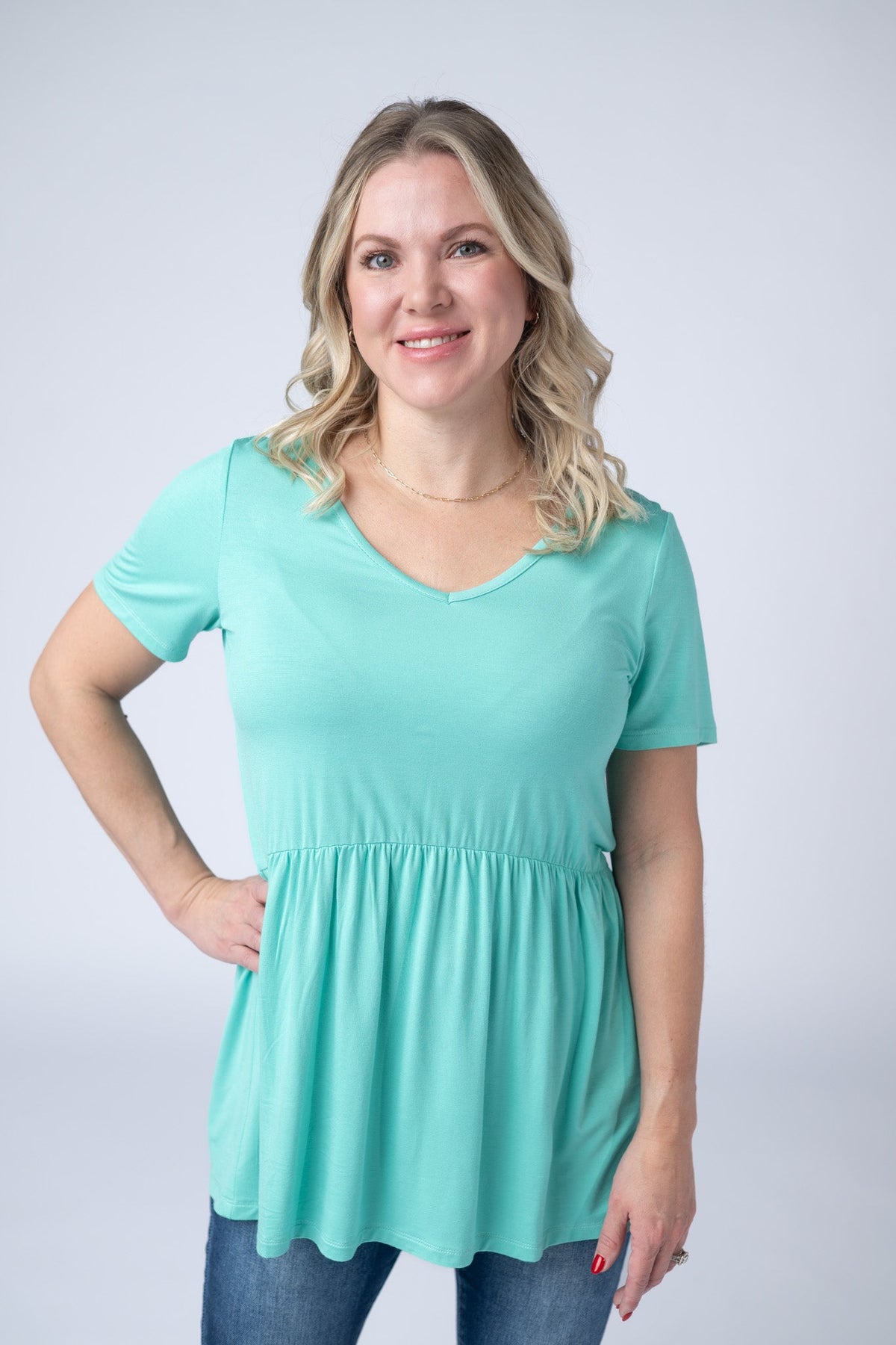 Sarah Ruffle Short Sleeve in Turquoise