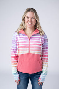 Classic Halfzip Hoodie in Rainbow Stripes and Sun Kissed Coral