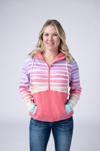 Classic Halfzip Hoodie in Rainbow Stripes and Sun Kissed Coral