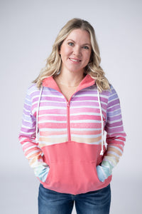 Classic Halfzip Hoodie in Rainbow Stripes and Sun Kissed Coral
