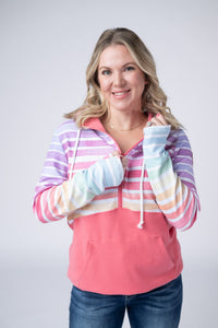 Classic Halfzip Hoodie in Rainbow Stripes and Sun Kissed Coral