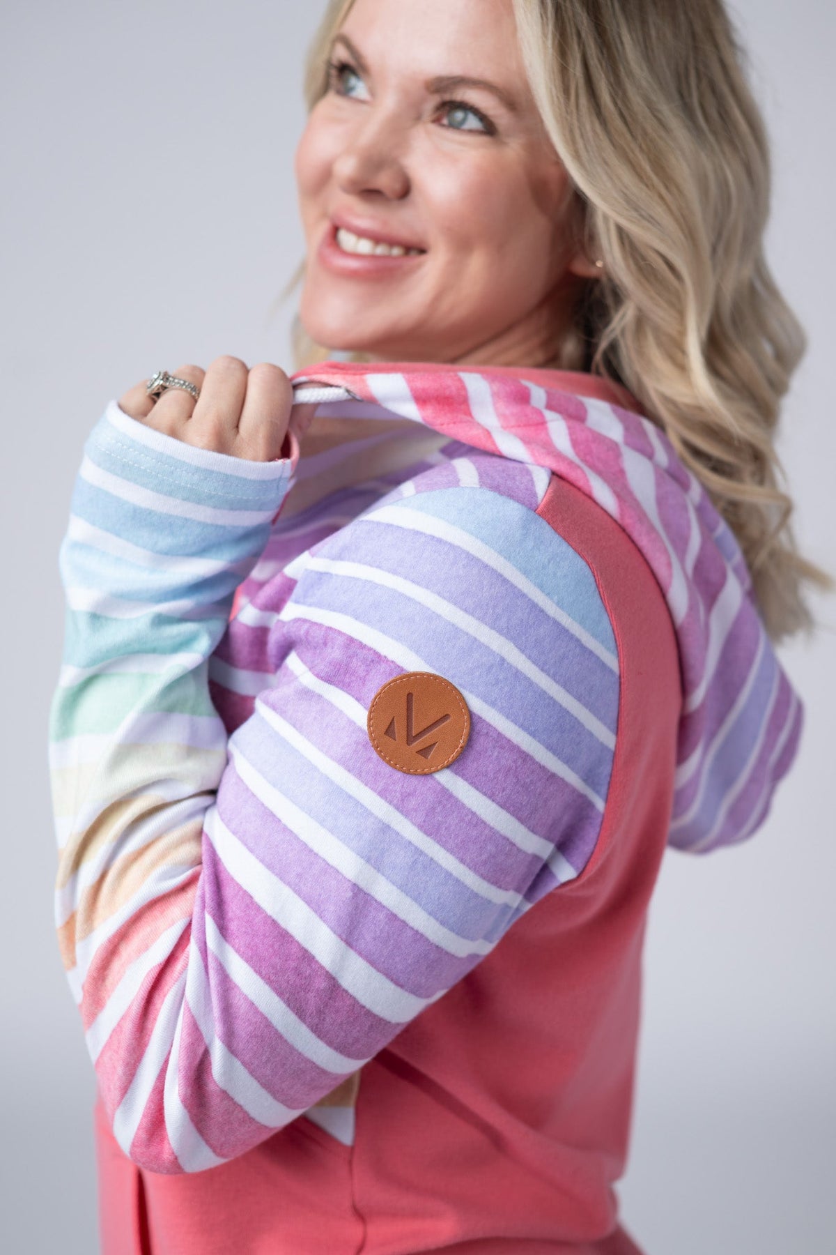 Classic Halfzip Hoodie in Rainbow Stripes and Sun Kissed Coral
