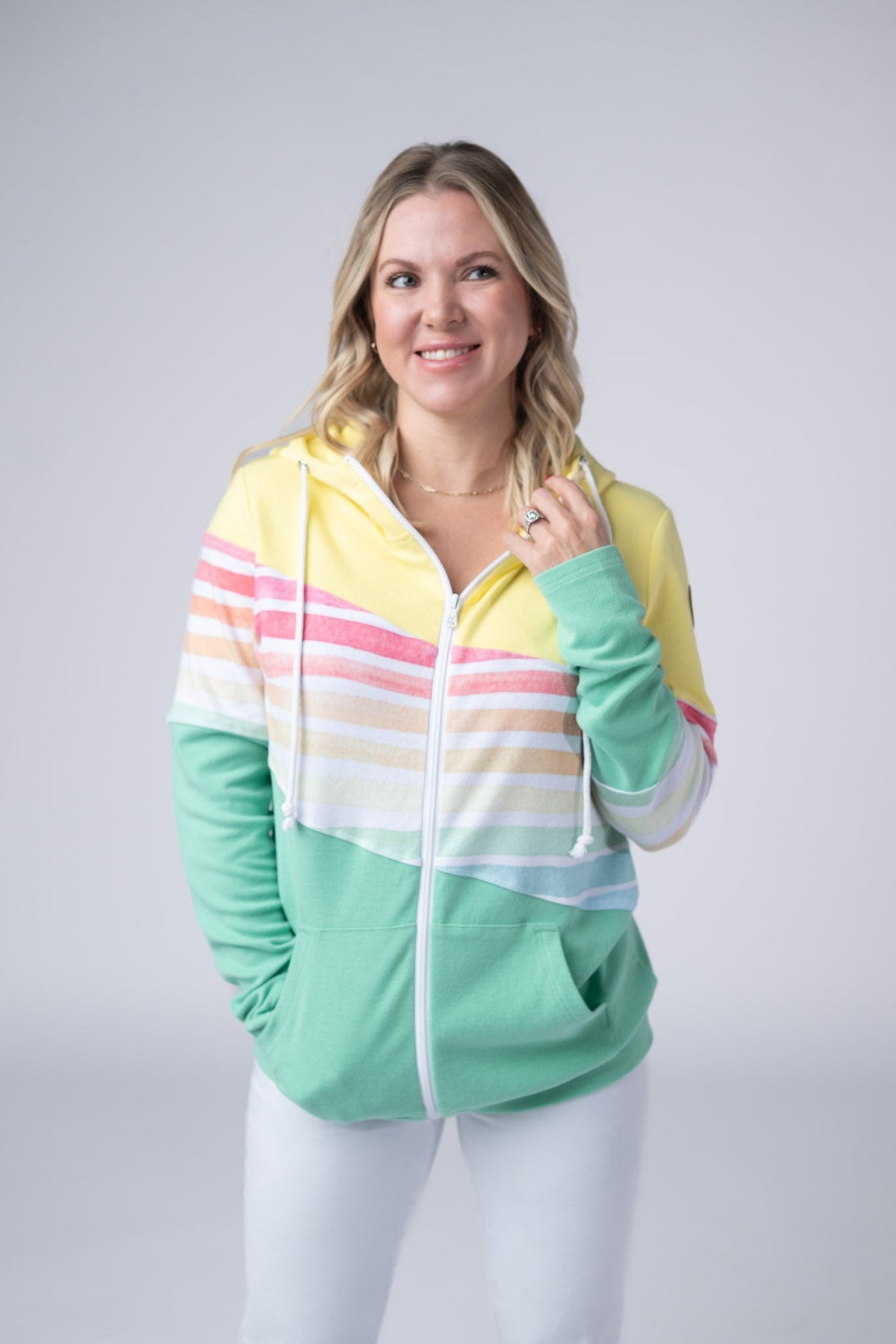 Colorblock Fullzip in Yellow, Rainbow Stripes, and Lime