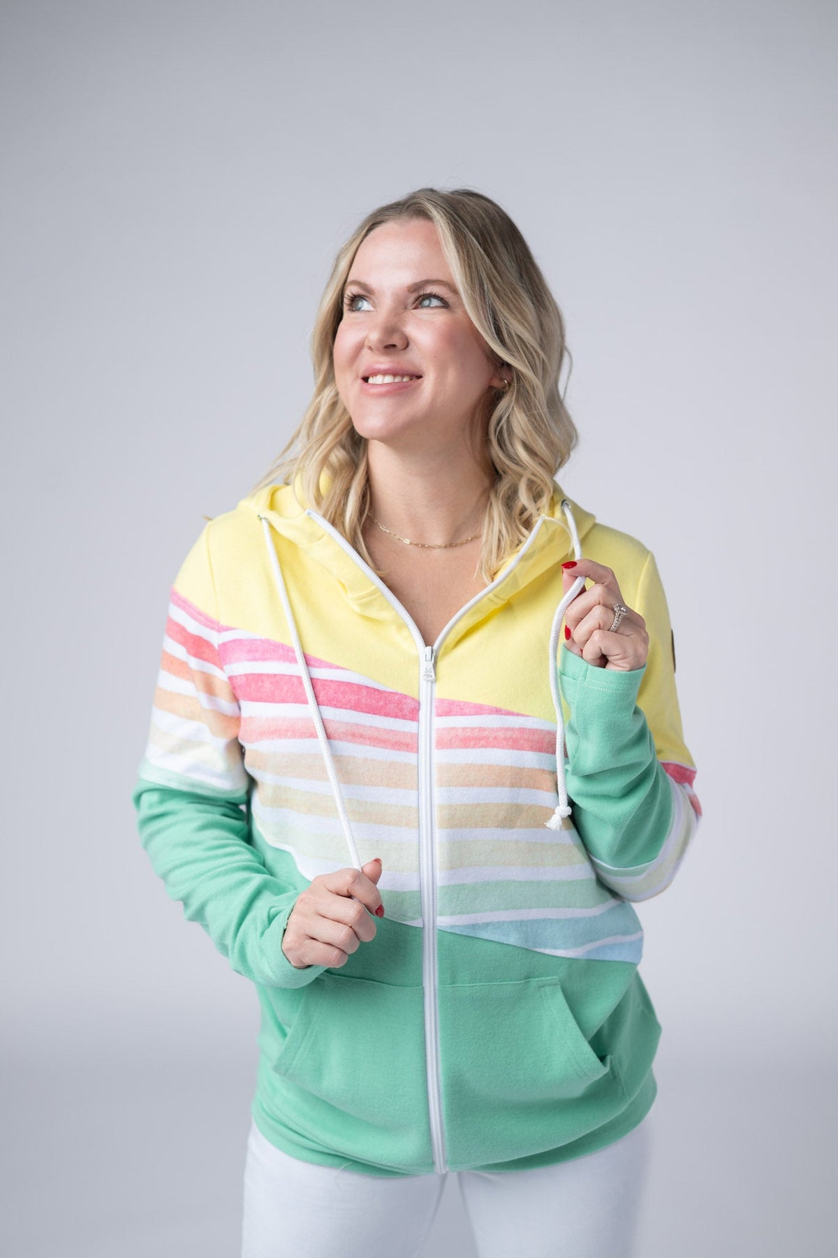 Colorblock Fullzip in Yellow, Rainbow Stripes, and Lime