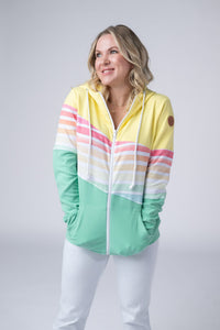 Colorblock Fullzip in Yellow, Rainbow Stripes, and Lime