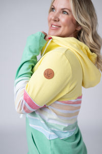 Colorblock Fullzip in Yellow, Rainbow Stripes, and Lime