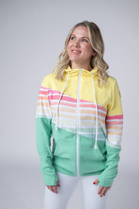 Colorblock Fullzip in Yellow, Rainbow Stripes, and Lime