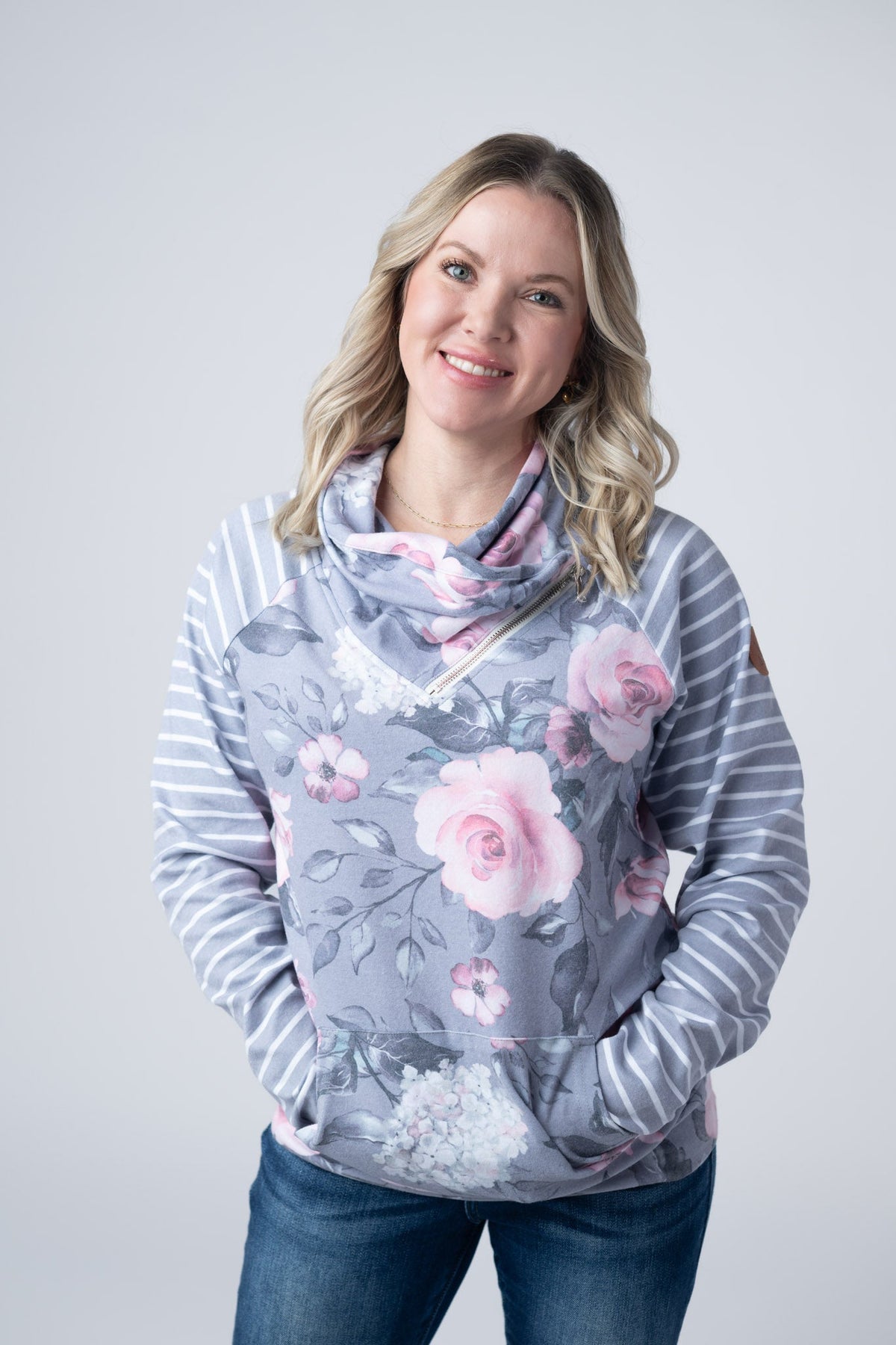 Classic Zoey ZipCowl Sweatshirt in Grey Floral and Stripes