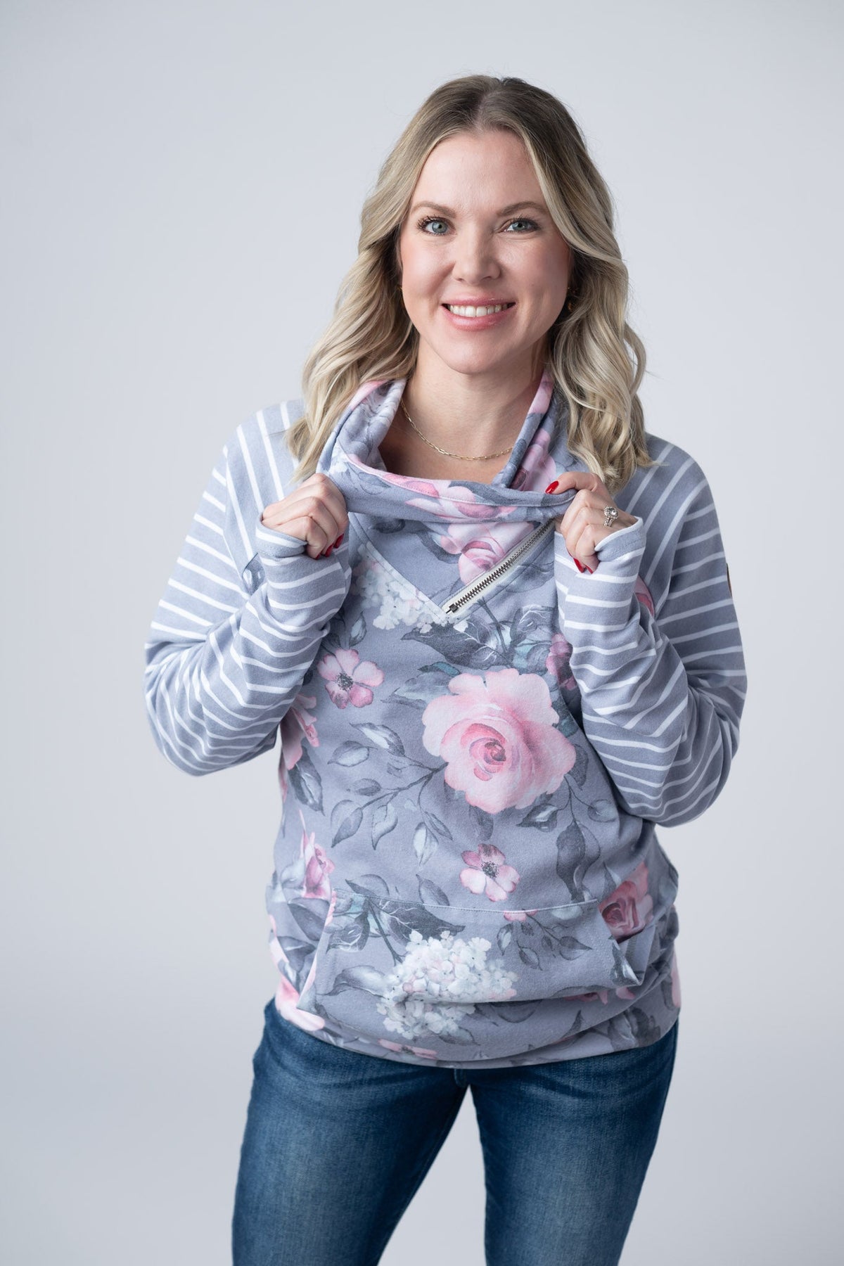 Classic Zoey ZipCowl Sweatshirt in Grey Floral and Stripes