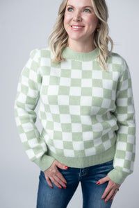 Checkered Sweater in Sage and White