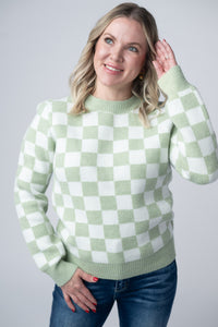 Checkered Sweater in Sage and White