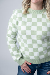 Checkered Sweater in Sage and White