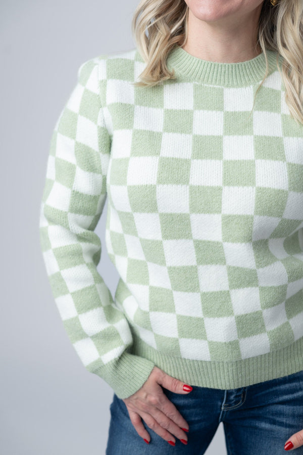 Checkered Sweater in Sage and White