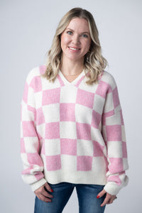 Checkered Hoodie in Pink and White