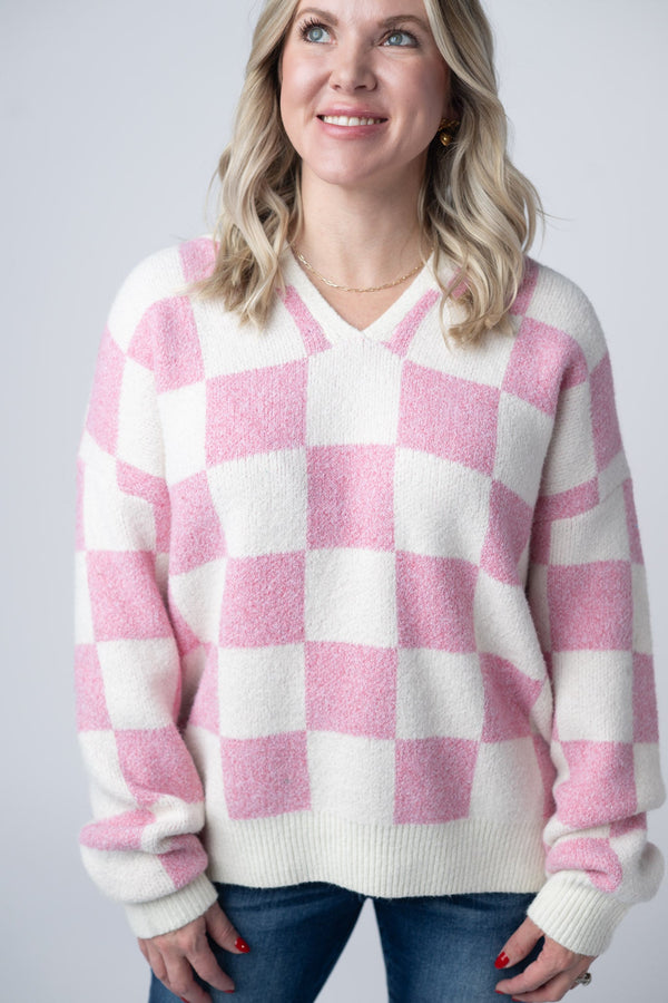 Checkered Hoodie in Pink and White