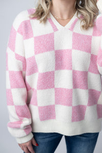 Checkered Hoodie in Pink and White