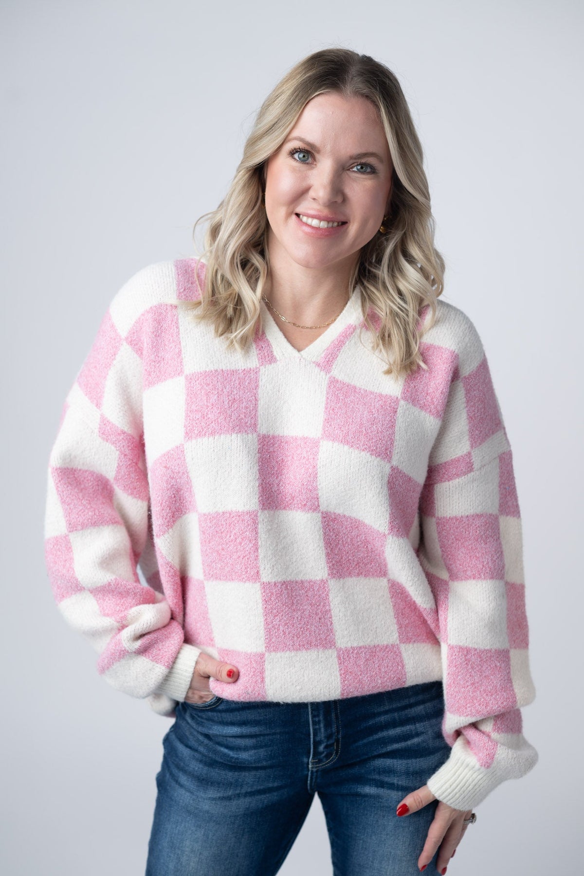 Checkered Hoodie in Pink and White