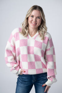 Checkered Hoodie in Pink and White