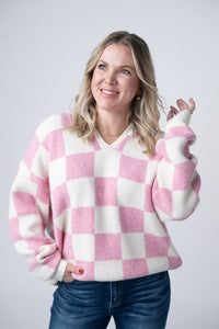 Checkered Hoodie in Pink and White