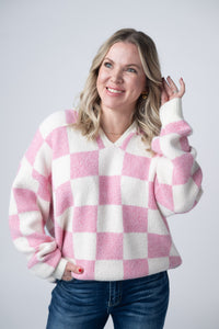 Checkered Hoodie in Pink and White