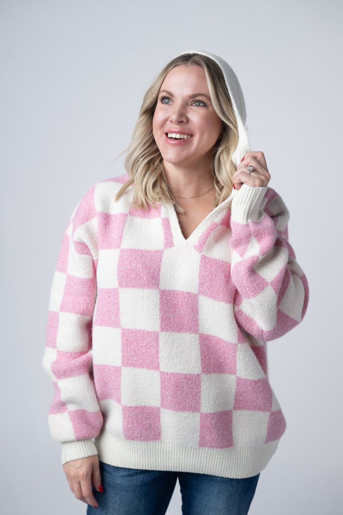 Checkered Hoodie in Pink and White
