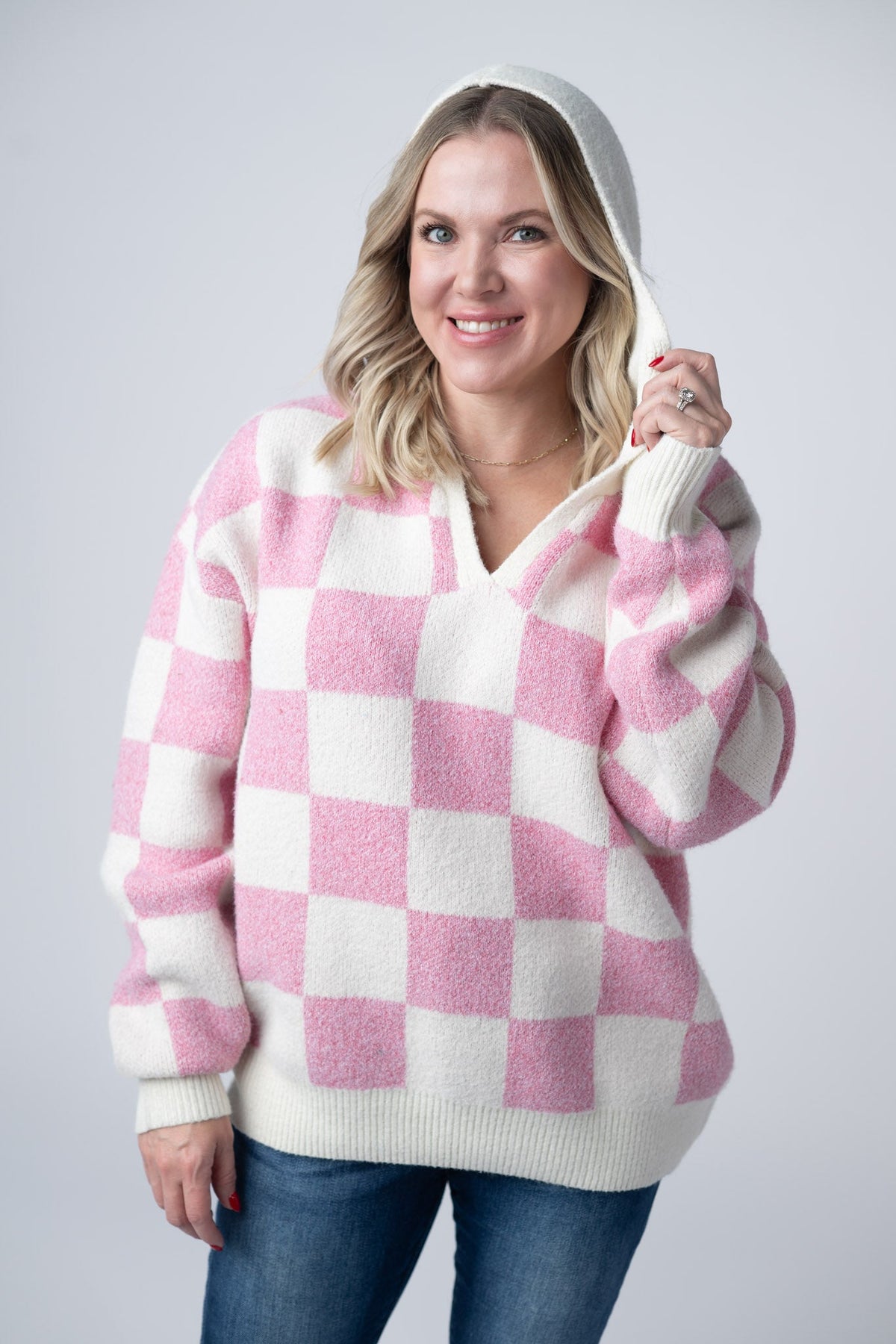Checkered Hoodie in Pink and White