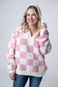 Checkered Hoodie in Pink and White