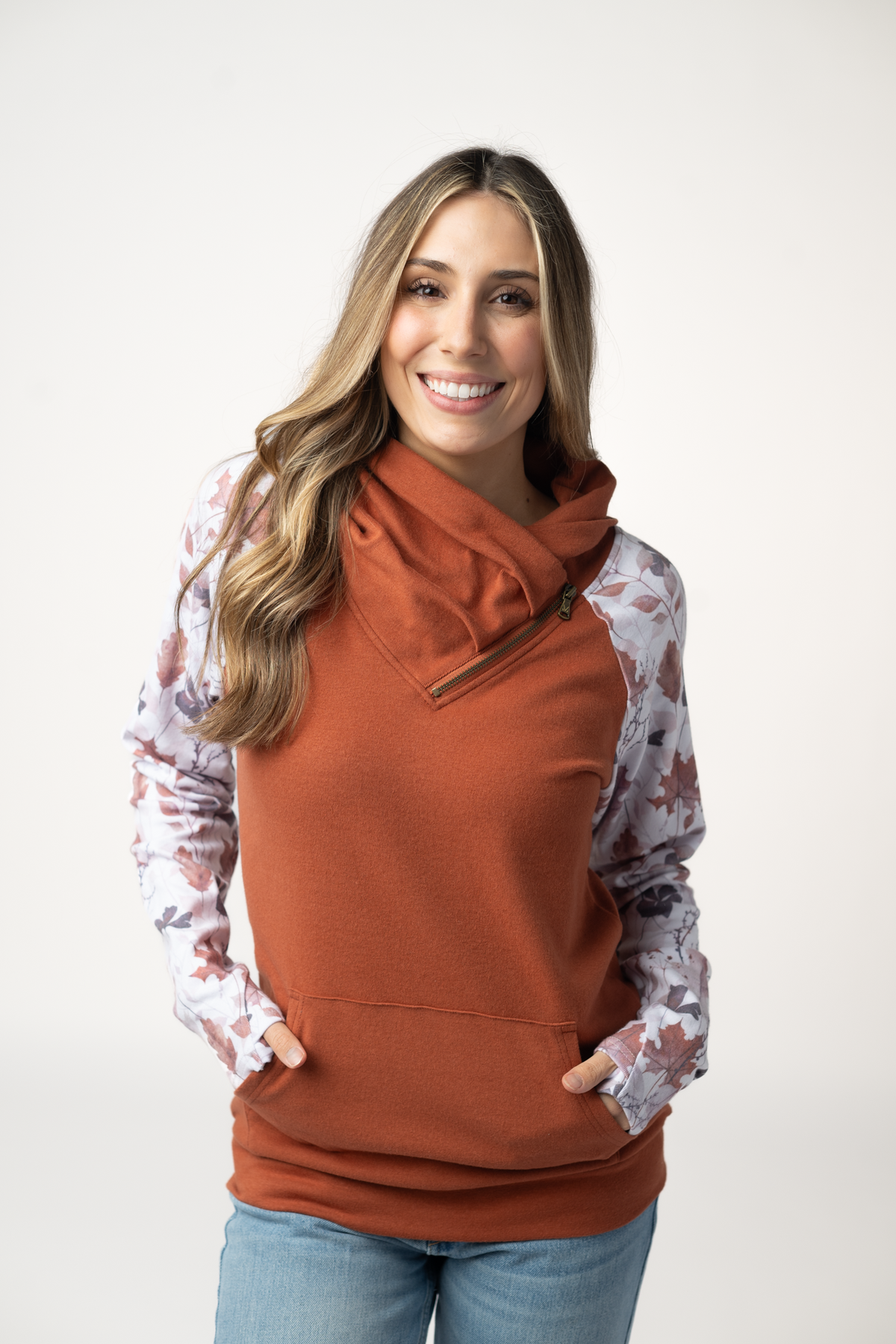 Classic Zoey ZipCowl Sweatshirt in Maple and Fall Foliage