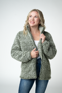 Two Tone Fullzip Sherpa in Olive and White