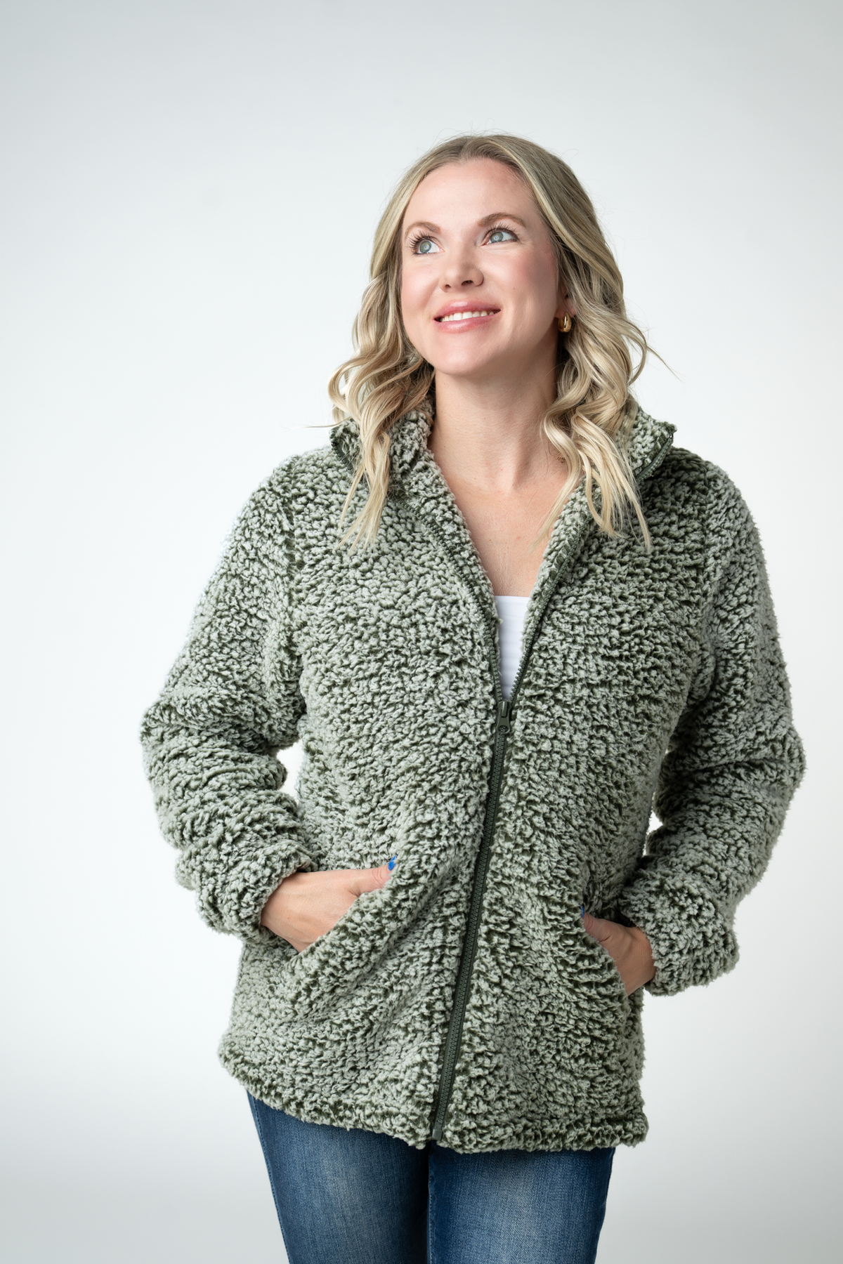 Two Tone Fullzip Sherpa in Olive and White