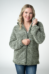 Two Tone Fullzip Sherpa in Olive and White