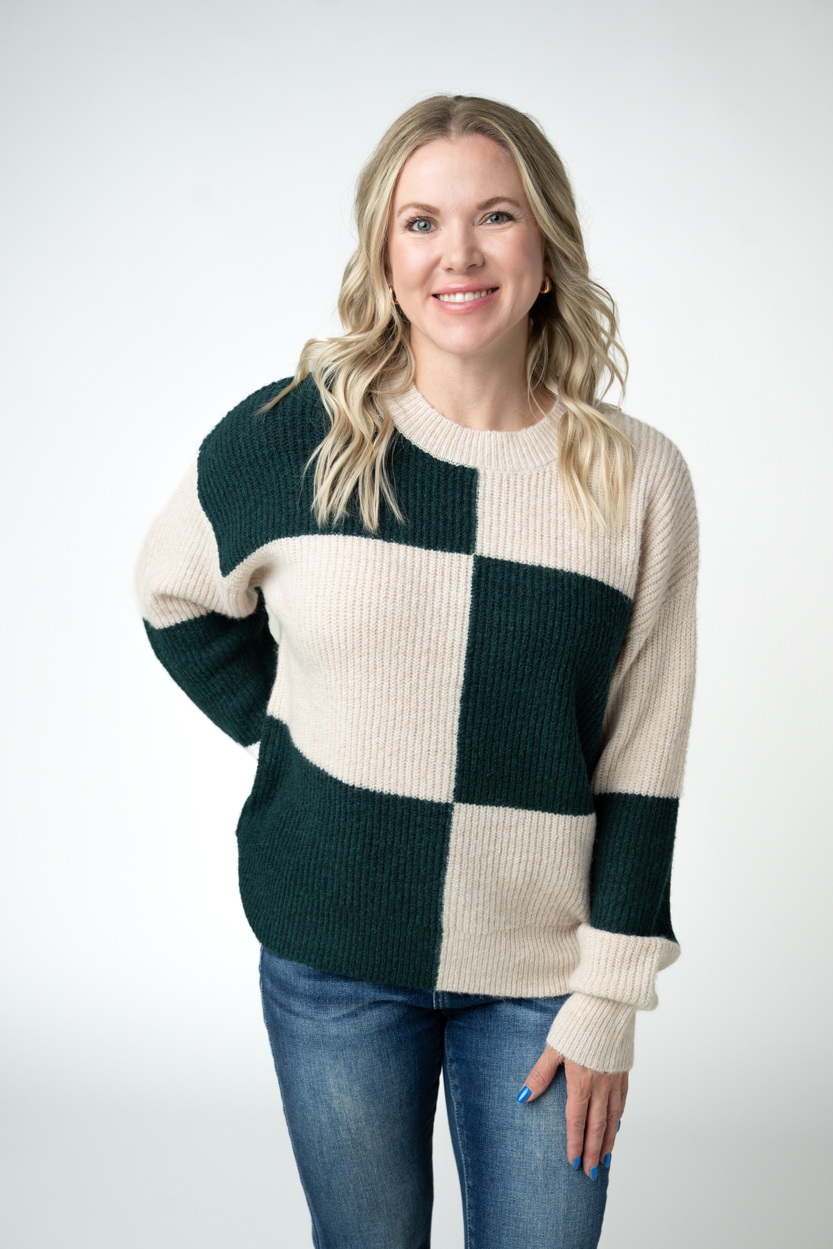 Checkered Block Sweater in Cream and Evergreen