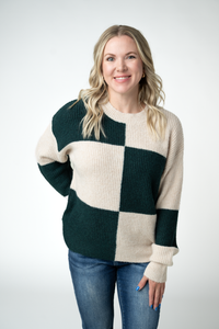 Checkered Block Sweater in Cream and Evergreen