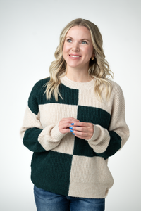 Checkered Block Sweater in Cream and Evergreen