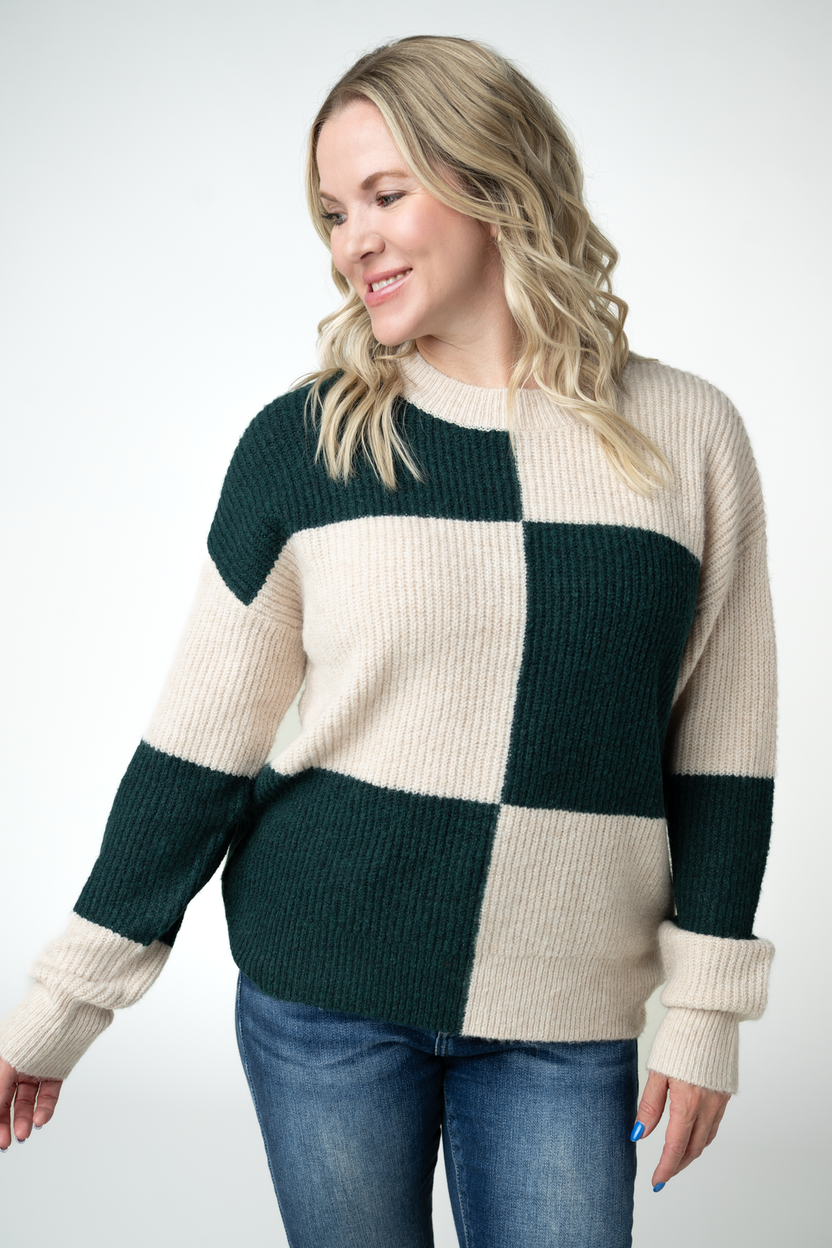 Checkered Block Sweater in Cream and Evergreen