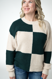 Checkered Block Sweater in Cream and Evergreen
