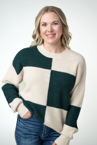 Checkered Block Sweater in Cream and Evergreen