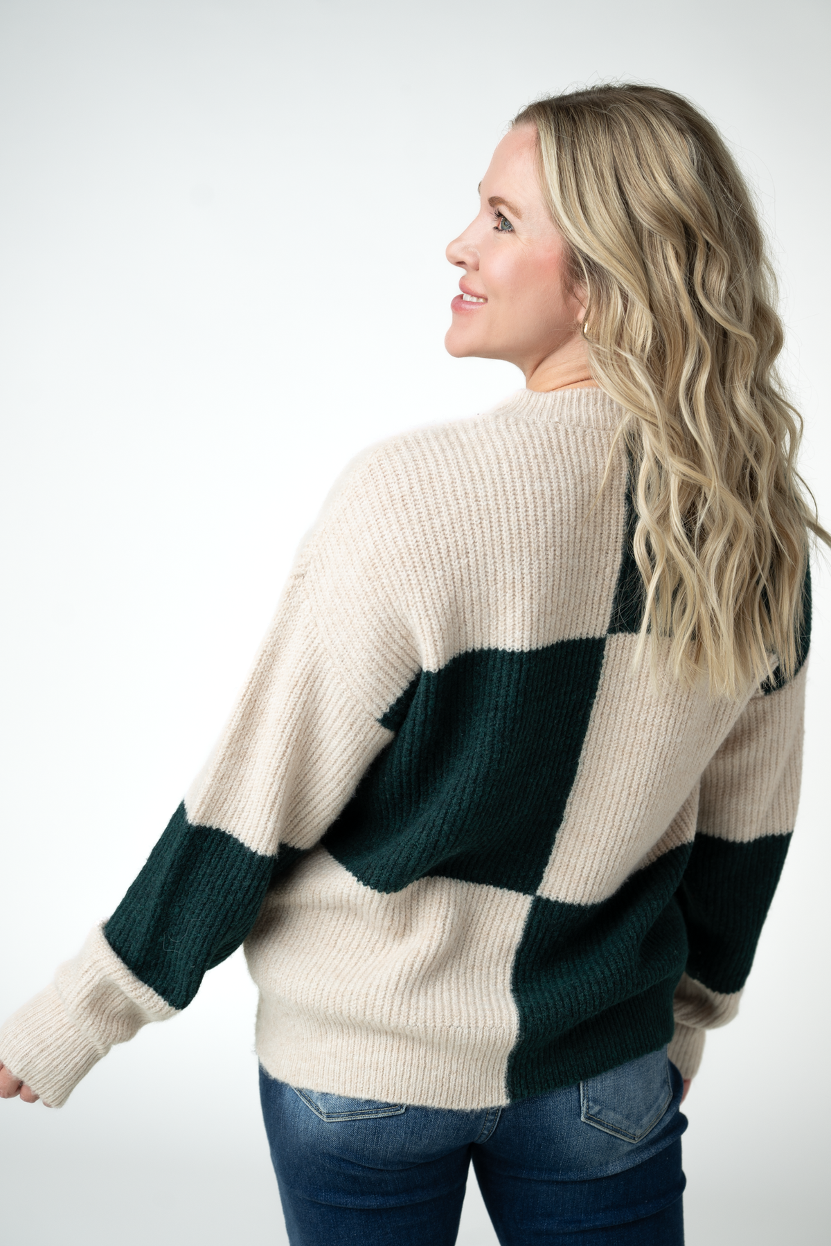 Checkered Block Sweater in Cream and Evergreen