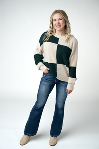 Checkered Block Sweater in Cream and Evergreen