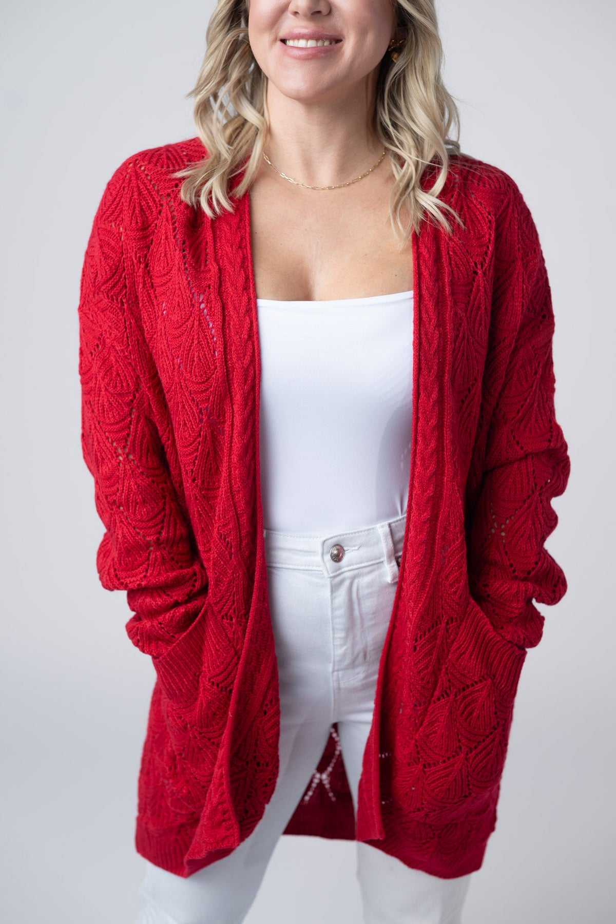 Open Knit Cardigan in Red