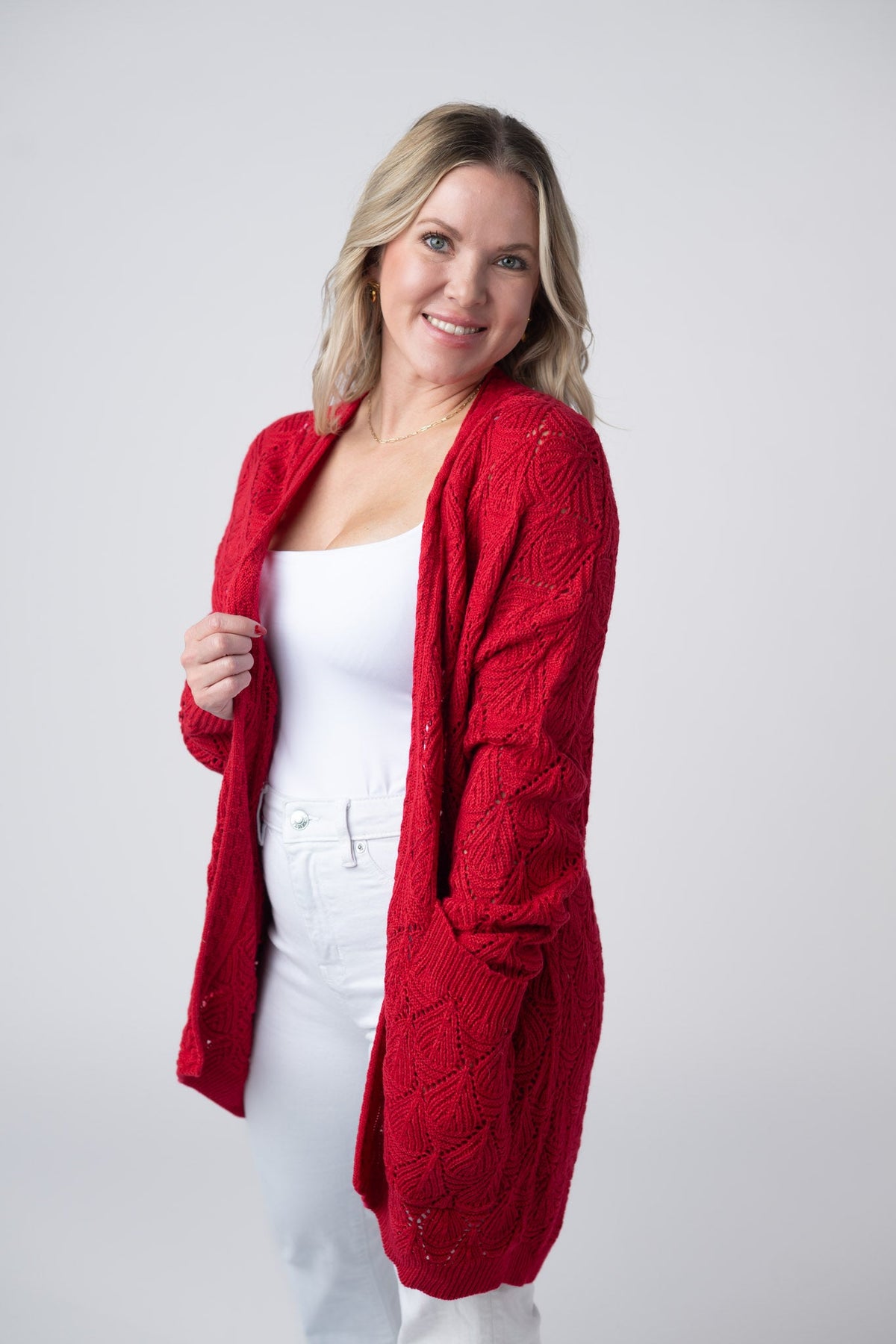 Open Knit Cardigan in Red