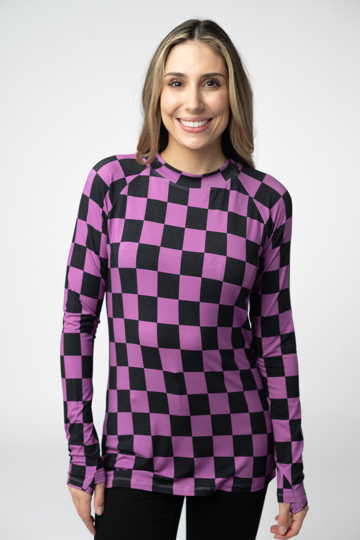 Blair Long Sleeve Top in Black and Purple Checkers