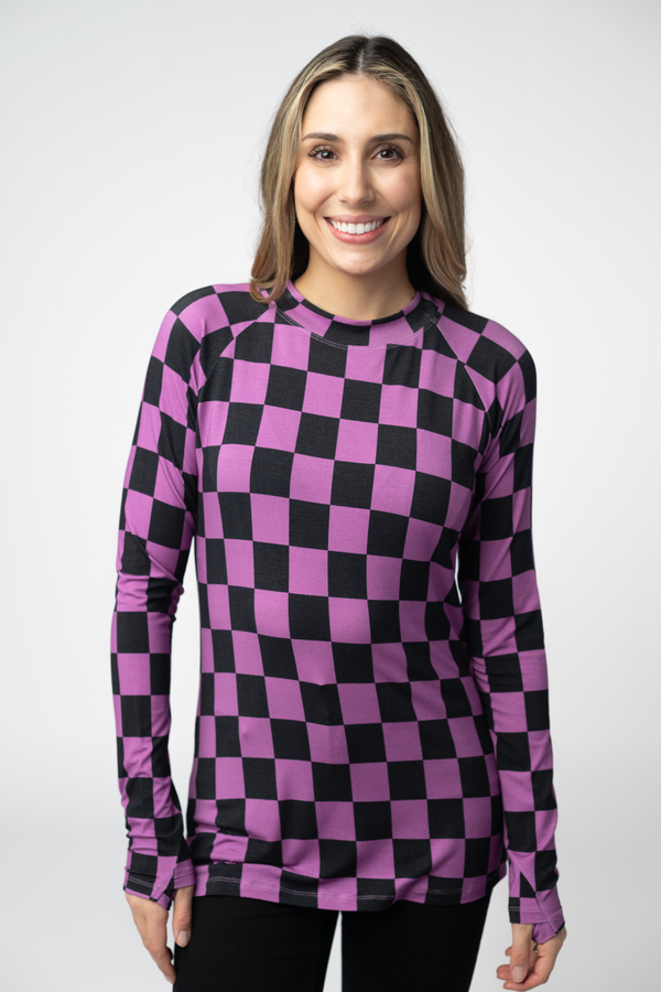 Blair Long Sleeve Top in Black and Purple Checkers