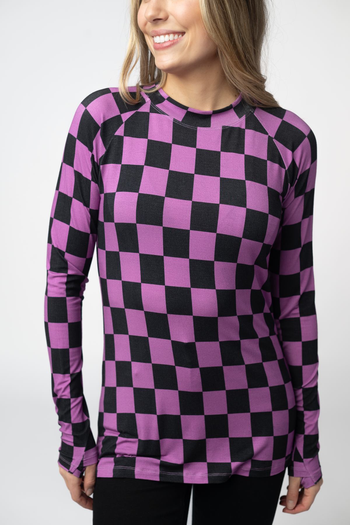 Blair Long Sleeve Top in Black and Purple Checkers