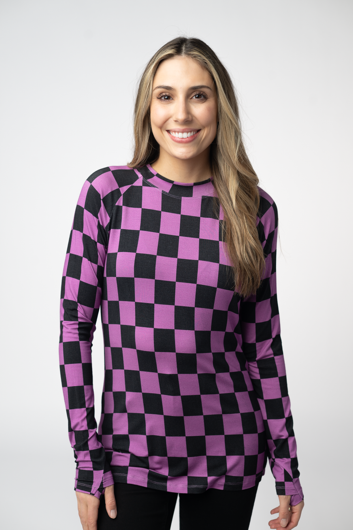 Blair Long Sleeve Top in Black and Purple Checkers