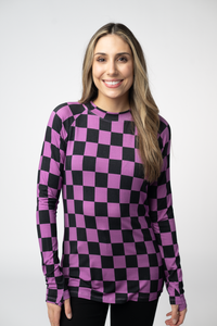 Blair Long Sleeve Top in Black and Purple Checkers