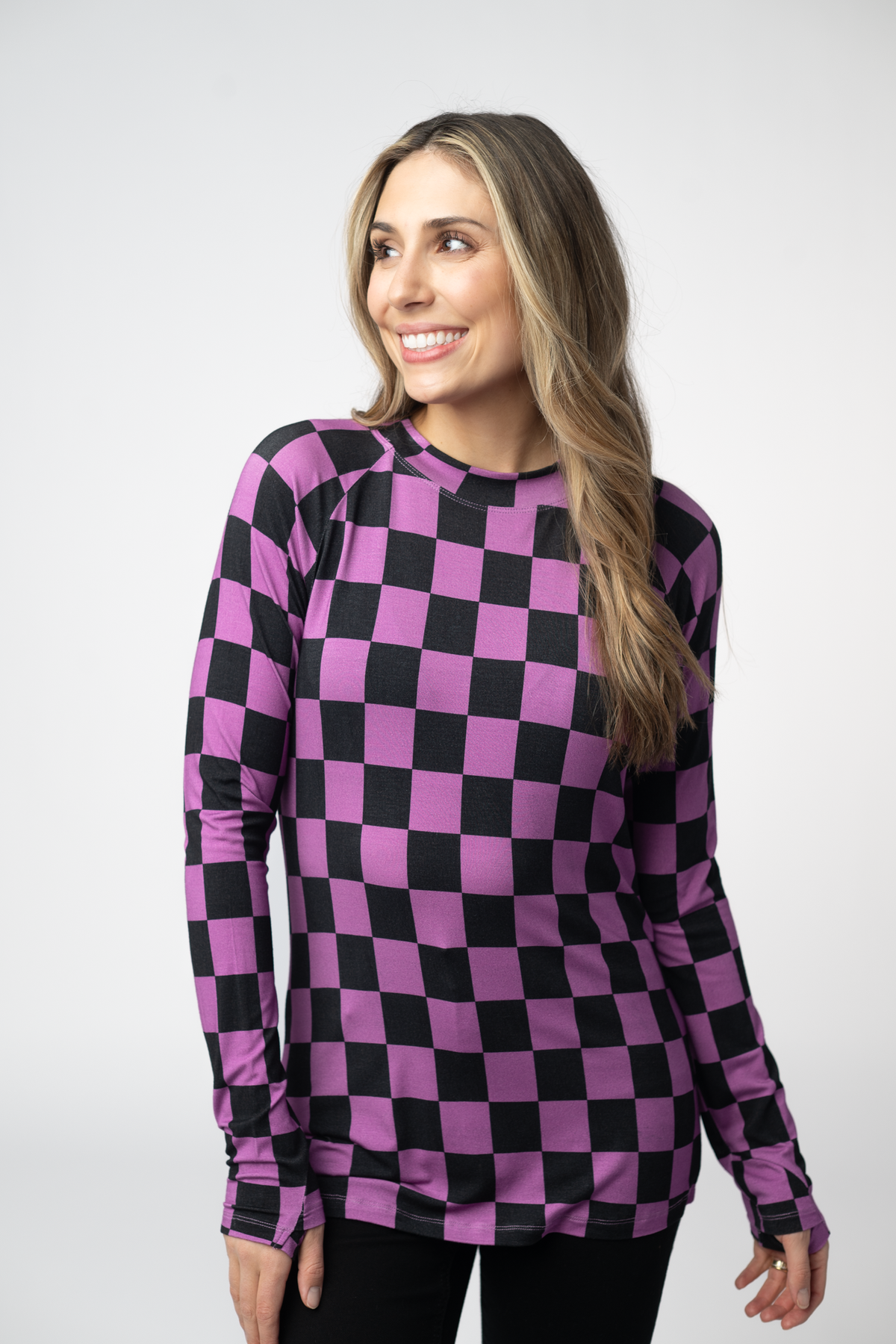 Blair Long Sleeve Top in Black and Purple Checkers