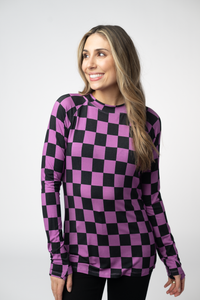 Blair Long Sleeve Top in Black and Purple Checkers