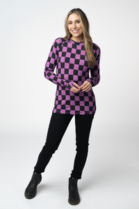 Blair Long Sleeve Top in Black and Purple Checkers