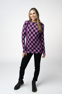 Blair Long Sleeve Top in Black and Purple Checkers